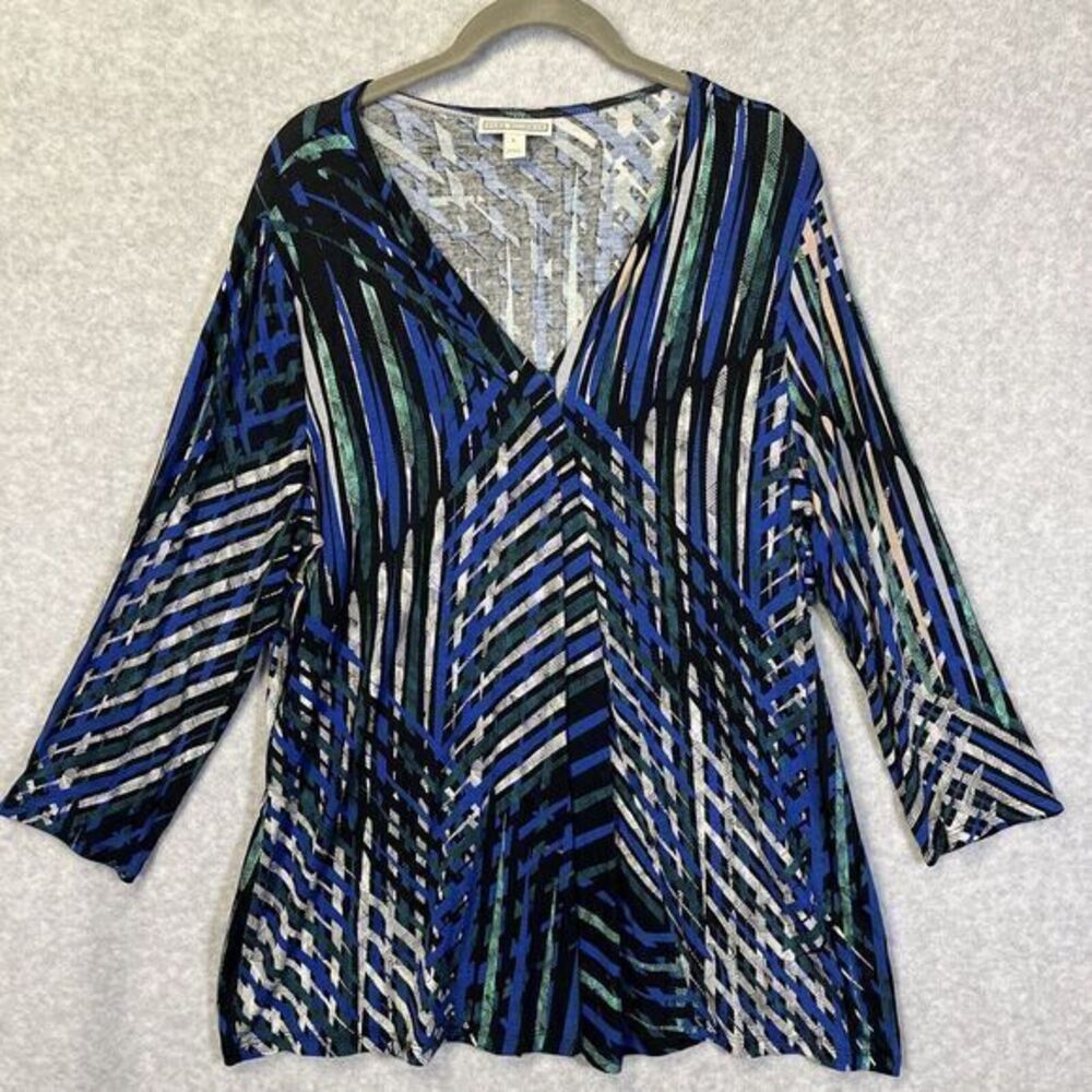 Dana Buchman Stretch Knit Abstract Geometric Tunic Top Womens Large V Neck Mult